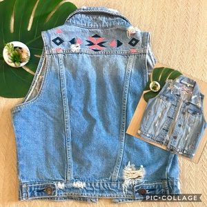 Denim Distressed Embroidered Jean Vest Dollhouse